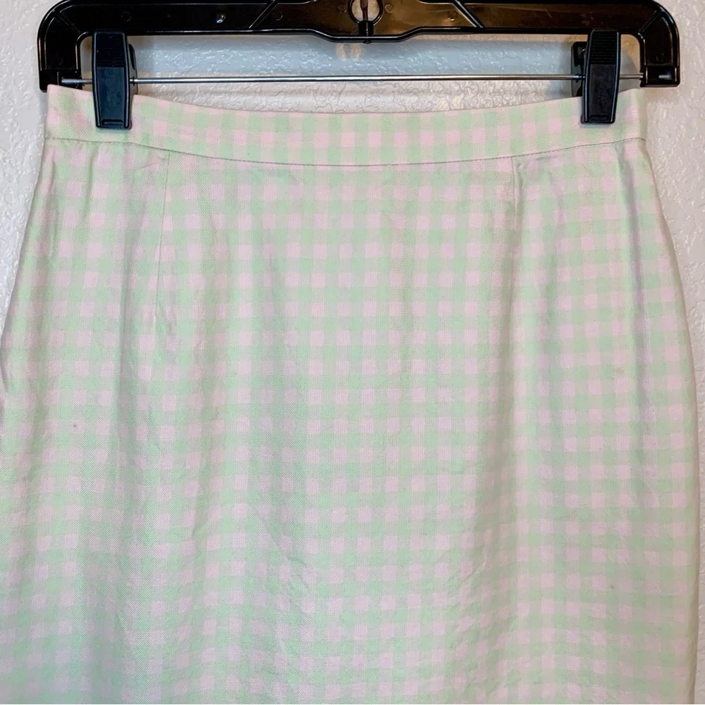 Burberry Pink & Green Gingham Check Pencil Midi Skirt Vintage Designer Size 6P
